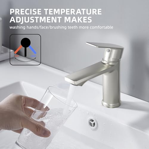 BELZ Nickel Bathroom Faucet, Lead-Free Single Hole Sink Faucet for Vanity | NSF372 Certified, Anti-peeling PVD Nickel Finish, Water-saving & Anti-splash, Single Handle Modern Design with Hot/Cold Hoses - color: Brushed Nickel