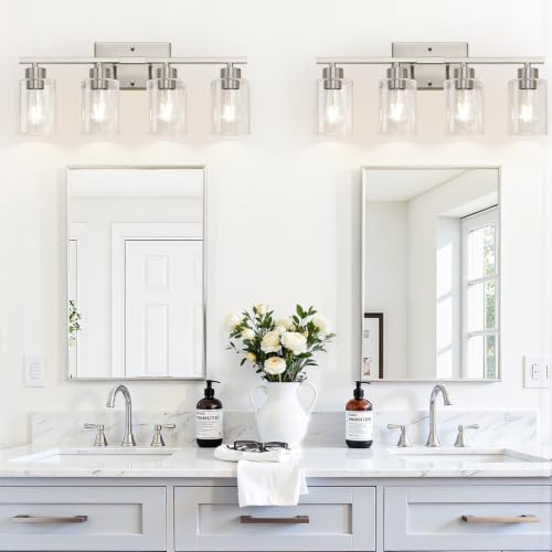 4-Light Brushed Nickel Bathroom Vanity Light with Clear Glass Shades - color: Brushed Nickel, size: 4-light