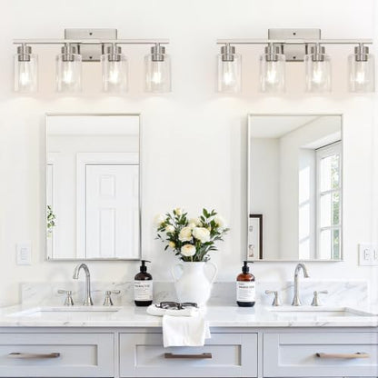 4-Light Brushed Nickel Bathroom Vanity Light with Clear Glass Shades - color: Brushed Nickel, size: 4-light
