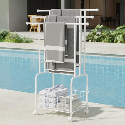 3 Tier FreeStanding Towel Rack with Wheels and Storage Basket | 42.5" H White Metal Towel Drying Rack Outdoor, Pool Towel Stand Display for bathrooms, laundry rooms and pool areas