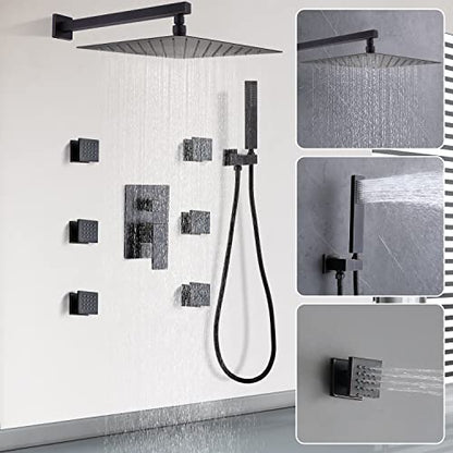 Enga Oil Rubbed Bronze Shower System with Body Jets, 12 Inch Rainfall Shower Wall Mounted Full Body Shower System Contain Rough-in Shower Valve Shower Combo Set - color: Oil Rubbed Bronze, style: Wall Mount - 6 Jets