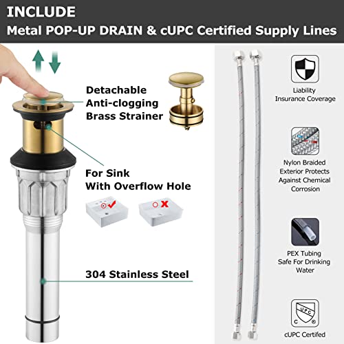 Brushed Gold Widespread Bathroom Sink Faucet 8 Inch for Vanity | with All Metal Pop Up Drain, High Arc 2 Handle Lead-Free Deck Mount Bathroom Faucet for 3 Hole Lavatory Utility Sink - color: Brushed Gold