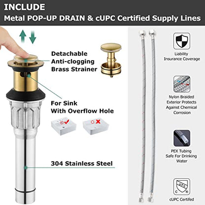 Brushed Gold Widespread Bathroom Sink Faucet 8 Inch for Vanity | with All Metal Pop Up Drain, High Arc 2 Handle Lead-Free Deck Mount Bathroom Faucet for 3 Hole Lavatory Utility Sink - color: Brushed Gold