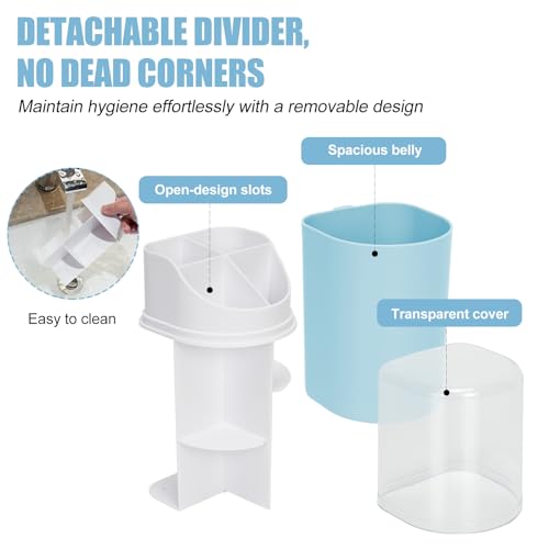 Tall Electric Toothbrush Holder with Cover, 10.6" Dust Proof Bathroom Caddy Fits Adults Electric Toothbrushes, Toothpaste, Wall Mount or Countertop Organizer with Removable Dividers, 4 Slots (Blue)