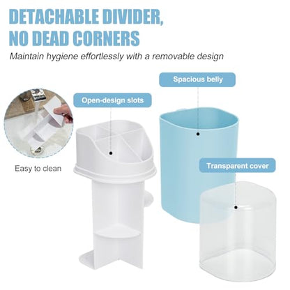 Tall Electric Toothbrush Holder with Cover, 10.6" Dust Proof Bathroom Caddy Fits Adults Electric Toothbrushes, Toothpaste, Wall Mount or Countertop Organizer with Removable Dividers, 4 Slots (Blue)