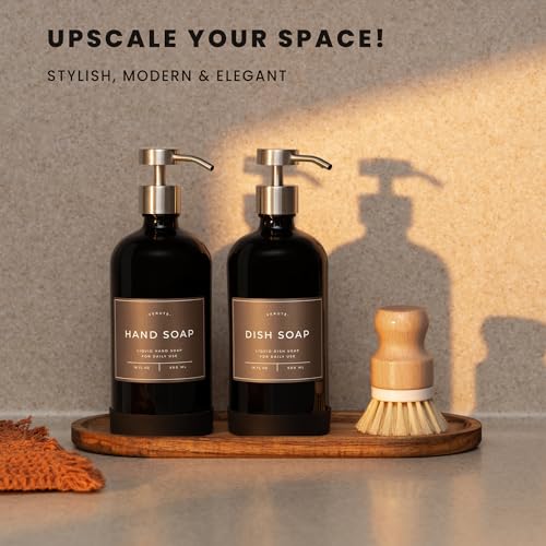 Hand and Dish Soap Dispenser for Kitchen and Bathroom, Set of 2 16 Oz Glass Bottles, Stainless Steel Pumps, Non-Slip Silicone Base, 27 Waterproof Labels (Gloss Black Bottle/Brushed Silver Pump) - color: Gloss Black Bottle / Brushed Silver Pump