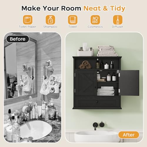 Bathroom Wall Cabinet, Wall Mounted Medicine Cabinet 24.4"H x 23.6"W x 9"D | With Drawer, Barn Doors & Adjustable Shelf, Black Over Toilet Farmhouse Storage Cabinet for Kitchen, Laundry Room, Entryway - color: Black