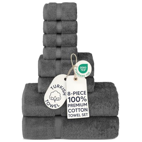 Chakir Turkish Linens Set of 8 Towel Set, 100% Cotton Luxury Turkish Towels for Bathroom, Soft Absorbent Bath Towel Set with 2 Bath Towels 2 Hand Towels 4 Washcloths, Dark Gray - color: Dark Gray
