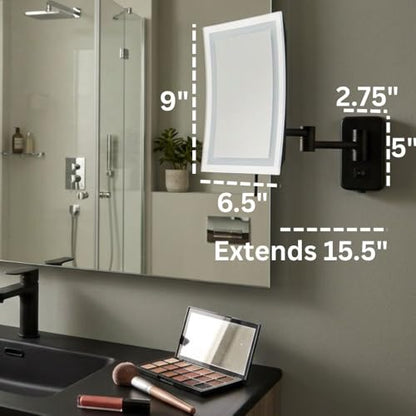 JERDON Hardwired Wall-Mount Makeup Mirror - 5X/1X - Black - JRT710BKLD | 6.5" x 9" Rectangular Frame, LED Lighting, Direct Wire Install - color: Black Direct Wire