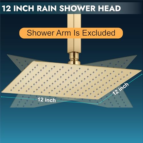 Midanya Square Rain Shower Head,High Pressure,Brushed Gold 12 Inch | 360°Swivel,Ceiling or Wall Mount,Waterfall Full Body Coverage,Bathroom Remodel,Stainless Steel Large Rainfall Shower Head - color: Gold, size: 12 Inch