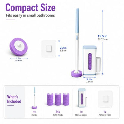 Disposable Toilet Bowl Cleaner Wand with Holder Set, Wall-Mounted | Hands Free Toilet Scrubber Wand, Bathroom Cleaning Supplies, 1 Wand and Holder with 24 Purple Refills, Light Lavender Scent