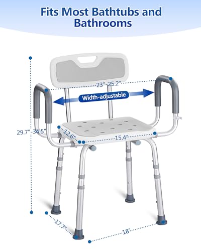 Shower Chair with Back and Arms, 330 lb Capacity | Height Adjustable, Padded Armrests, Non-Slip Seat, For Seniors, Elderly and Disabled Users