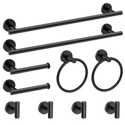 Newfun 10-Pieces Matte Black Bathroom Hardware Set 24 Inch | Includes 24 Inch Towel Racks for Bathroom Wall Mounted, Toilet Paper Holder, Towel Hooks, Towel Rings for Bathroom Wall - color: Matte Black-ring