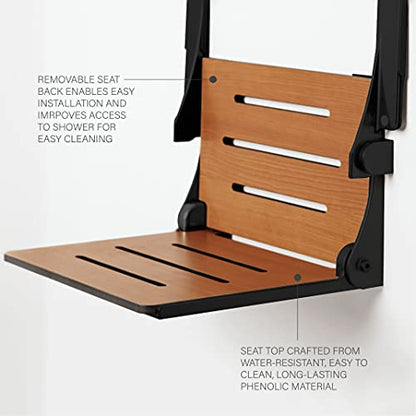 Seachrome Silhouette Comfort Folding Wall Mount Shower Bench Seat with Arms, Teak Seat with Matte Black Frame - color: Teak Seat With Matte Black Frame and Black Arm Pads