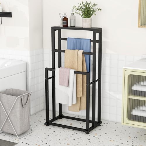 Free Standing Towel Rack for Bathroom, 3 Tier Metal Blanket Rack with Shelf, Blanket Drying and Display Rack for Oversized Bath Towels Bathroom Accessories, Next to Tub or Shower, Black