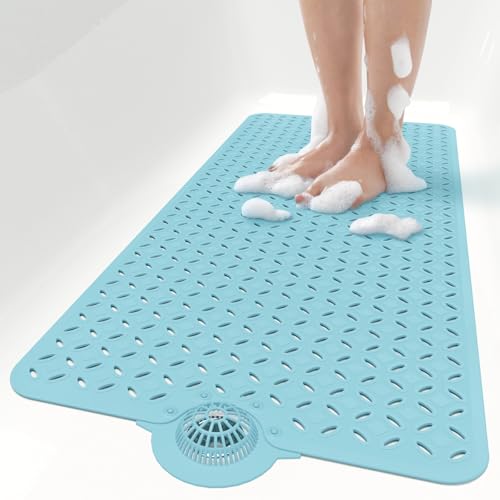 OTHWAY Bath Mat for Tub Non Slip: 39" X 17" Long Bathtub Mat with Hair Catcher│Big Drain Holes Shower Mats for Inside Shower│Machine Washable (Blue) - color: Blue