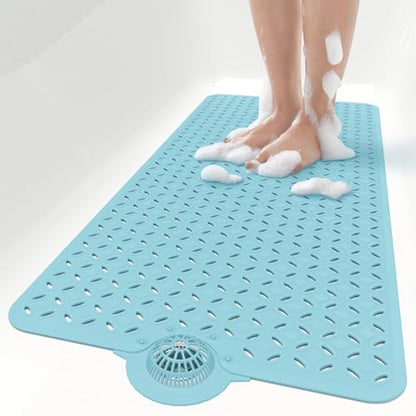 OTHWAY Bath Mat for Tub Non Slip: 39" X 17" Long Bathtub Mat with Hair Catcher│Big Drain Holes Shower Mats for Inside Shower│Machine Washable (Blue) - color: Blue