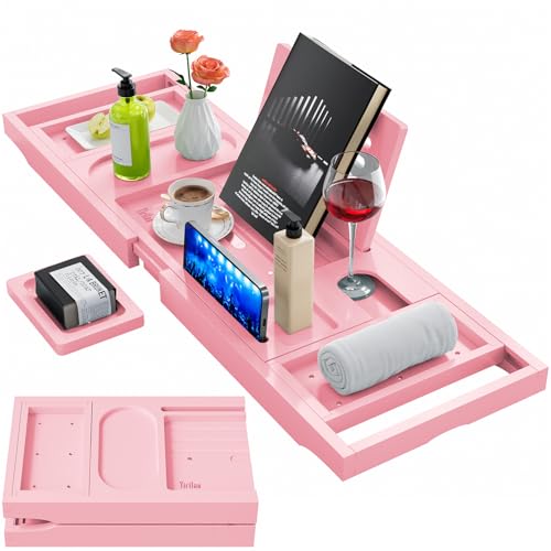 Premium Bathtub Tray Caddy, Expandable Bath Tray | Unique House Warming Gifts, New Home, Anniversary and Wedding Gifts for Couple, Pink - color: Pink