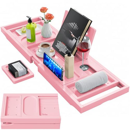 Premium Bathtub Tray Caddy, Expandable Bath Tray | Unique House Warming Gifts, New Home, Anniversary and Wedding Gifts for Couple, Pink - color: Pink