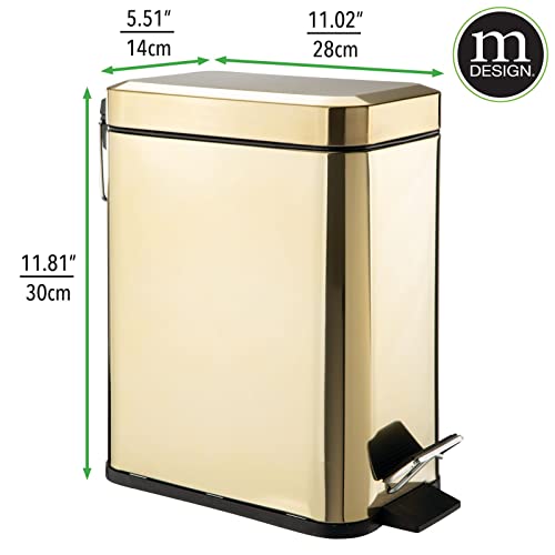 mDesign Small Modern 1.3 Gallon Rectangle Metal Lidded Step Trash Can, Compact Garbage Bin with Removable Liner Bucket and Handle for Bathroom, Kitchen, Craft Room, Office, Garage - Soft Brass - color: Soft Brass, size: 1.3 Gallon