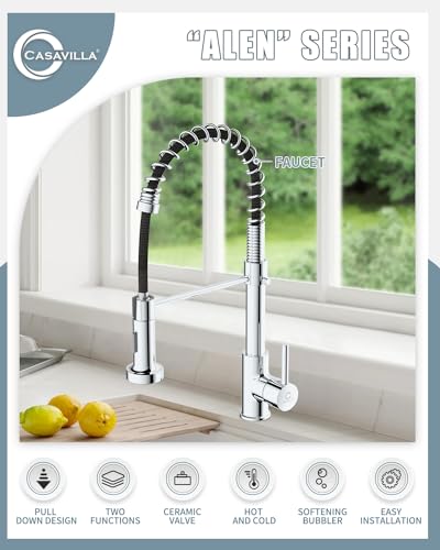 Kitchen Faucet, Commercial Kitchen Sink Faucets with Pull Down Sprayer, Stainless Steel Faucets for Kitchen Sinks, Dual Function Spray Head, Single Handle Spring Kitchen Faucets -Chrome Finish - color: E-Chrome Polished, style: Classic
