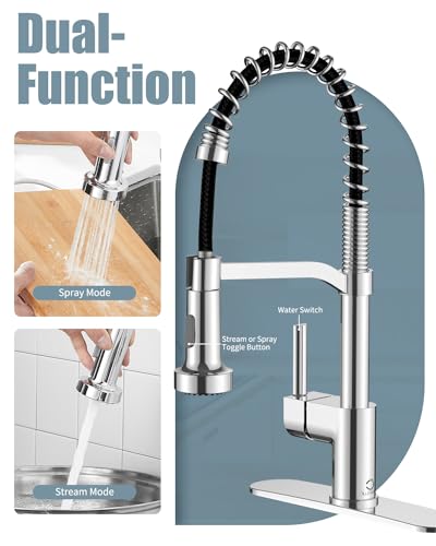 Chrome Kitchen Faucet with Soap Dispenser, Faucet for Kitchen Sink, Kitchen Sink Faucet with Deck Plate, RV Kitchen Faucet with Pull Down Sprayer and Dual Function Spray Head - color: D-Chrome Polished, style: Classic