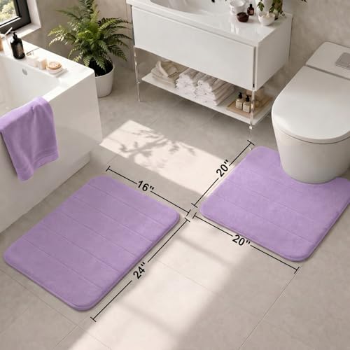2 Piece Memory Foam Bath Mat Set, Extra Soft Absorbent Bathroom Rugs with U-Shaped Toilet Rug, Non-Slip Backing, Machine Washable, 24x16 + 20x20 U-Shaped, Lavender - color: Lavender