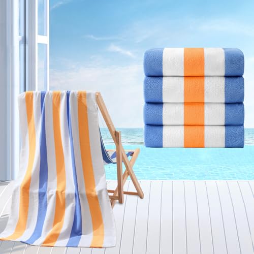 Beach Towel Set-4 Pack 30"x60" Sand Free Stripe Beach Towel for Pool,Bathroom,Soft Absorbent Quick Dry Lightweight Beach Bath Towel,Camping Blanket,Travel Towel,Beach Essentials for Adults,Orange/Blue - color: Orange/Blue