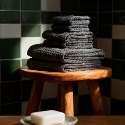 Sedona Waffle Towel Set, 6-Piece 410 GSM 100% Cotton Set Includes 2 Bath Towels, 2 Hand Towels & 2 Washcloths, Quick-Drying (Charcoal) - color: Charcoal, style: Standard Set (Set of 6 with Bath Towels)