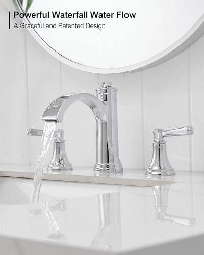 Waterfall Chrome Bathroom Faucet 3 Hole, Brass 4-16 Inch Widespread Bathroom Sink Faucet with Pop Up Drain, cUPC Supply Lines and 2 Handles for Vanity, Restroom, 10 Min Install - color: Chrome