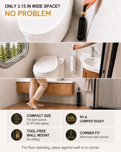 Toilet Brush Set, Dense Nylon Bristles, Wall Mount, Non-Scratch, White Gold | 16.5" Handle | Splash-Proof | Odor-Locking Lid | Ventilated Base | Hideaway Brush Head | Thick ABS | 2 Adhesive - color: White Gold