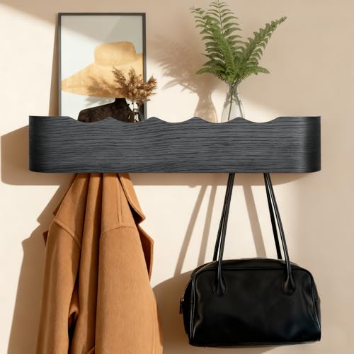 Coat Rack Wall Mount with Shelf Entryway Shelf Modern Key Holder Hanger Wall Shelves with Hidden Hooks for Hanging Towels Coats Hats Bags for Hallway Bathroom Bedroom (Wavy Black, 5 Hooks) - color: Wavy Black, size: 5 hooks