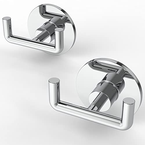 Ruacq Adhesive Double Towel Hooks for Bathroom Wall, Chrome | SUS304 Stainless Steel Hand Towel Hanger, Coat Robe Hook Holder for Shower Kitchen Entryway, Round Base, Rustproof, Modern - color: 2pack