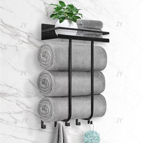 Wall Mounted Bathroom Towel Storage Rack with Shelf and 5 Hooks, Black | Holds 3 Large Towels, Stainless Steel, For Rolled Towels, For Bath Towels