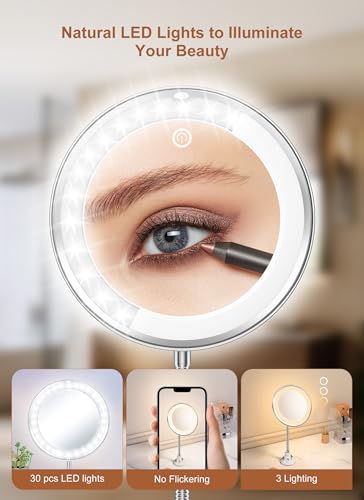 Brightown 10x Magnifying Mirror with Light,Flexible Gooseneck Make up Mirror with Lights and Magnification, Battery Operated with Suction Cups for Wall Bathroom Silver 3 Lighting | Wall-Mounted Lighted Vanity Makeup Mirror, Cordless Battery Operated LED M