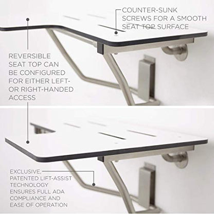 Seachrome 28" x 22.5" Lift-Assist ADA L-Shaped Reversible Bathroom Shower Bath Transfer Seat, Folding Wall-Mounted White Phenolic Seat - color: White, size: 28 x 22.5