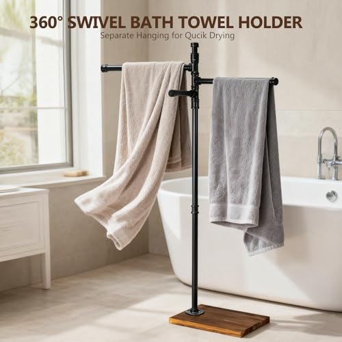 Hjarta Standing Towel Rack for Bathroom, 360° Swivel Freestanding Towel Holder with Wooden Base, 3 Rotating Arms for Bath Sheets & Pool, No-Drill Farmhouse Floor Stand for Spa, Bedroom