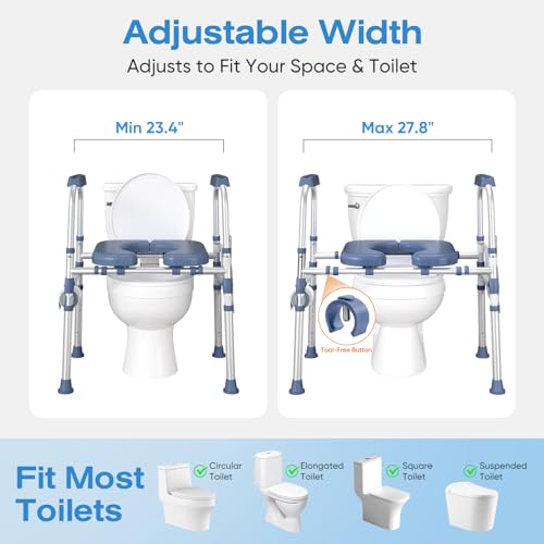FSA/HSA Padded Toilet Seat Riser for Seniors, Heavy Duty Raised Toilet Seat with Handles Adjustable Standalone Toilet Safety Frame, Elderly Assistance Products for Bariatric, Pregnant, Surgery - color: Dark Blue