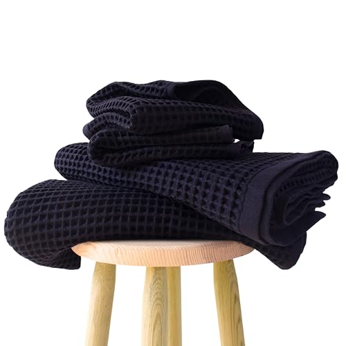 PÜSKÜL Natural 100% Turkish Cotton Waffle Towels Set of 4-Piece, Black | 2-Bath sheet (Extra-large 32x63") and 2-Hand towel (Large 32x16"). Premium honeycomb-waffle weave, oeko-tex made in Turkiye. - color: Black