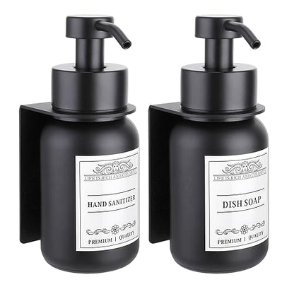 2 Pack Wall Mounted Soap Dispenser 8.5oz Refillable for Home & Hotel | Stainless steel pump head & bracket, glass bottle, wall mounted design, rust-resistant, durable, refillable - color: Black Set of 2