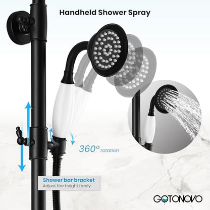 gotonovo Exposed Shower System with Spout,Matte Black,No Shower Shelf | Brass Shower Faucet Set,8’’ Rain Head with Handheld Spray,Swivel Tub Spout,2 Cross Handle,6’’ Hole Distance,Adjustable Height - color: Black