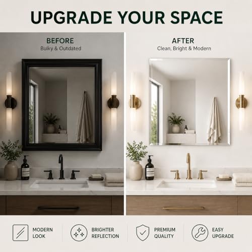 Frameless Square Bathroom Vanity Mirror with Beveled Edge - Shatterproof Wall Mounted Mirror with Safety Backing - 24x24 Inch - Fab Glass and Mirror - size: 24"L x 24"W, style: Square