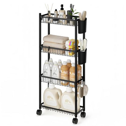 Slim Rolling Storage Cart, 4 Tier Narrow Utility Cart with Wheels, Skinny Metal Mobile Shelf Unit Organizer for Bathroom Kitchen Laundry Room Pantry Office Small Spaces, Black