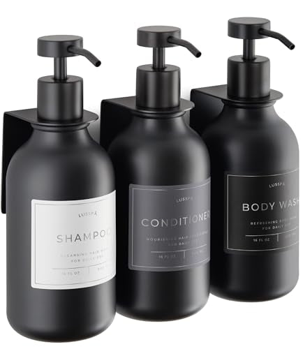 Shower Shampoo Dispenser Wall Mounted – 3 Refillable 16.9 oz Black Bottles with Stainless Steel Pumps & No-Drill Adhesive Holders – Soap Dispenser Set for Bathroom (3 X Black) - color: 3 X Black