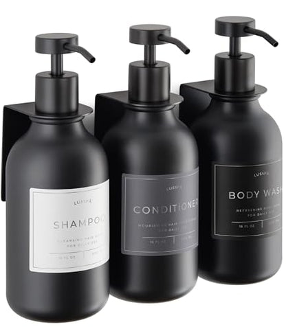 Shower Shampoo Dispenser Wall Mounted – 3 Refillable 16.9 oz Black Bottles with Stainless Steel Pumps & No-Drill Adhesive Holders – Soap Dispenser Set for Bathroom (3 X Black) - color: 3 X Black