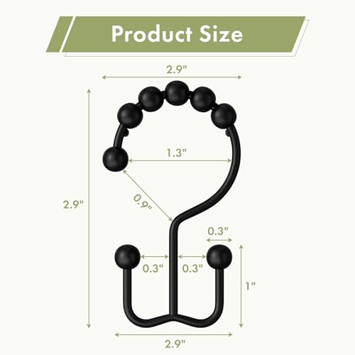 Shower Curtain Rings, Rust-Resistant Metal Double Shower Hooks for Curtain Rolling Shower Curtain Hooks Rings Shower Rings for Bathroom Shower Curtain Rod, Matte Black, Set of 12 Rings - color: Black, style: Modern - Double Hooks