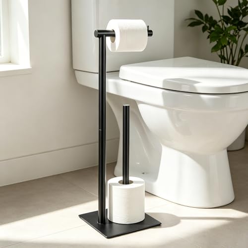 Black Toilet Paper Holder Stand Metal Toilet Paper Roll Holder with Reserve, Freestanding TP Holder Toilet Paper Storage Holder
