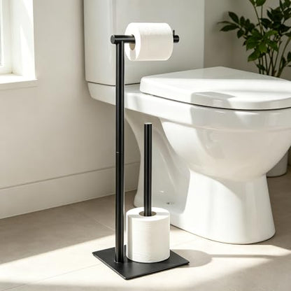 Black Toilet Paper Holder Stand Metal Toilet Paper Roll Holder with Reserve, Freestanding TP Holder Toilet Paper Storage Holder