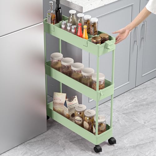 Slim Storage Cart 3 Tier,Bathroom Organizer Rolling Utility,Mobile Shelving Unit Slide Out for Office, Kitchen, Laundry Room & Narrow Places，Green - color: Green
