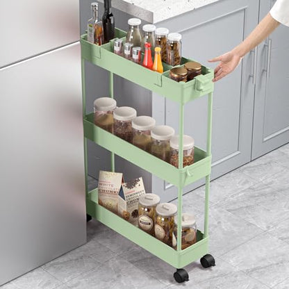 Slim Storage Cart 3 Tier,Bathroom Organizer Rolling Utility,Mobile Shelving Unit Slide Out for Office, Kitchen, Laundry Room & Narrow Places，Green - color: Green